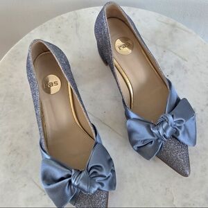 Ras Glittery Blue Satin Bow Slip On Heels Pointed Toe Stacked Heel Leather Sole